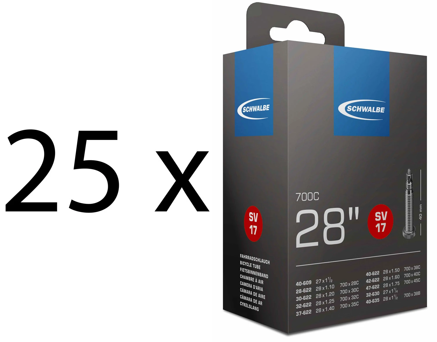 Schwalbe Chambre à Air SV 17 Pour 28" (25 Pièces) 1 Schwalbe Chambre à Air SV 17 Pour 28" (25 Pièces)